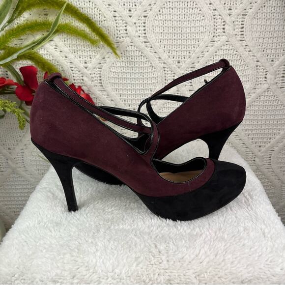 JUSTFAB Plum Black Color Block PHILPA Criss Cross Strap Stiletto Heel Pumps 10M - Picture 6 of 14